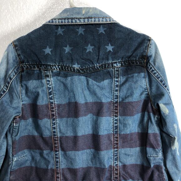 White Crow Distressed Denim Jean Jacket Fade Stars Stripes Womens Size Medium - Picture 1 of 13